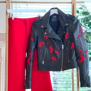 Floral Embroidered Leather Biker Jacket 